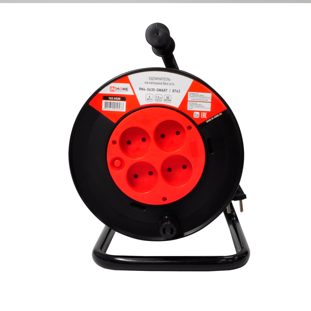 Удлинитель на катушке RN4-0630-SMART с термозащитой четырехместный без заземления 6А 30м 8743 IN HOME